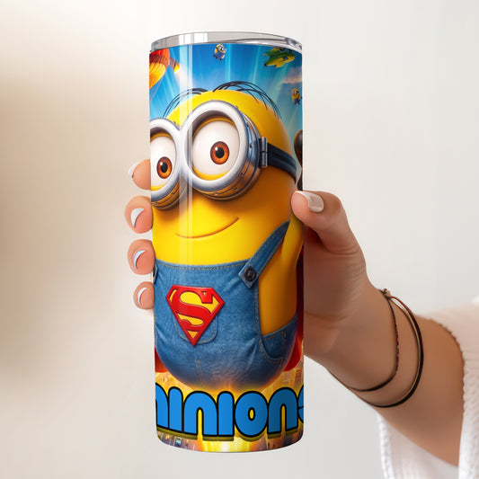 Minion Superhero City Skinny Tumbler - Custom Name (20oz) | Insulated Stainless Steel Travel Cup