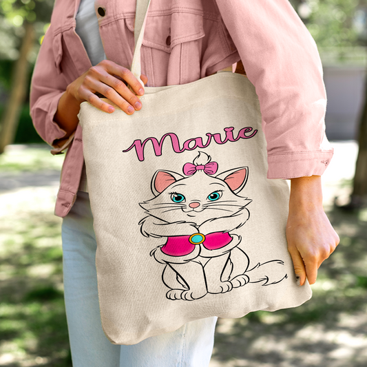Marie Cat Linen Tote Bag - Custom Name (35x45cm) | Eco-Friendly Lightweight Shopping & Everyday Carrier