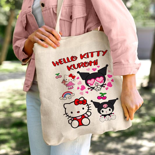 Hello Kitty & Kuromi Linen Tote Bag - Custom Name (35x45cm) | Eco-Friendly Lightweight Shopping & Everyday Carrier
