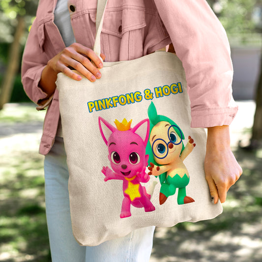 Pinkfong & Hogi Linen Tote Bag - Custom Name (35x45cm) | Eco-Friendly Lightweight Shopping & Everyday Carrier