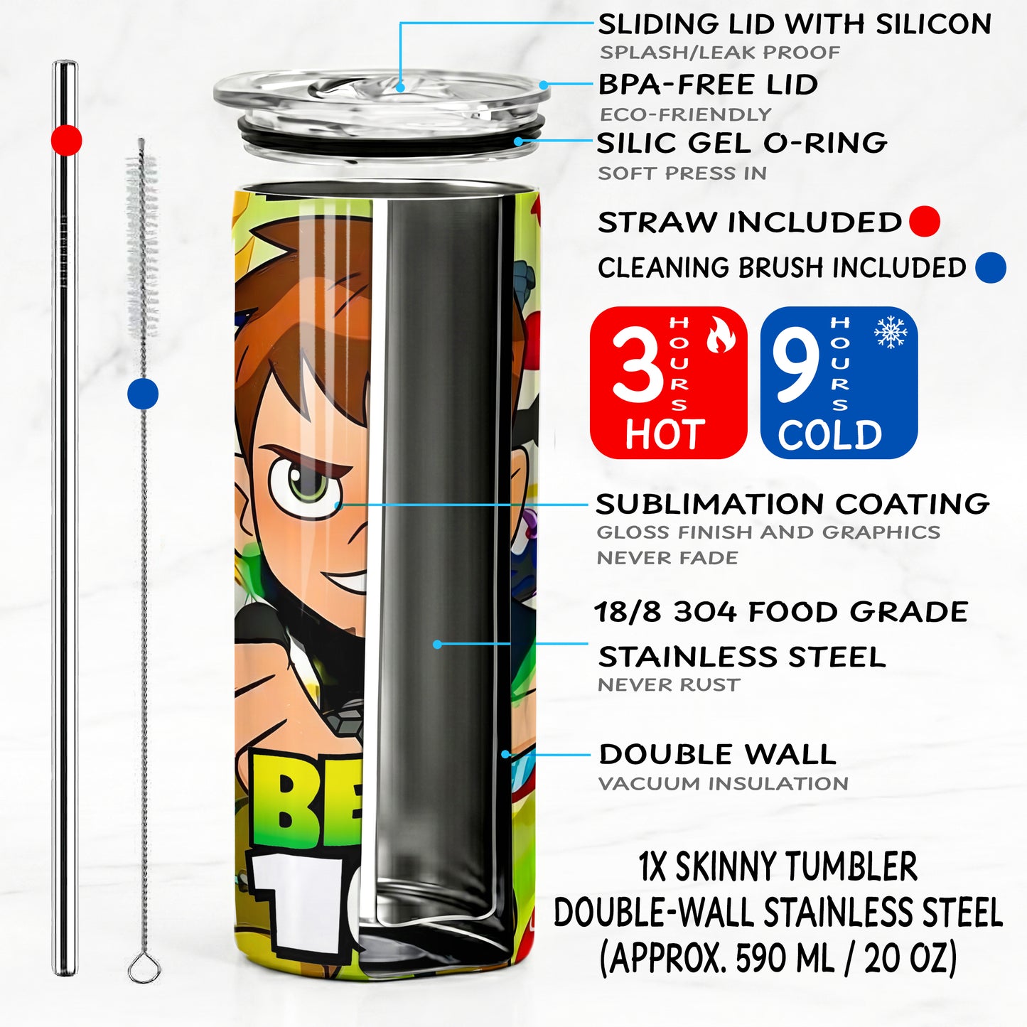Ben 10 Alien Hero Skinny Tumbler - Custom Name (20oz) | Insulated Stainless Steel Travel Cup