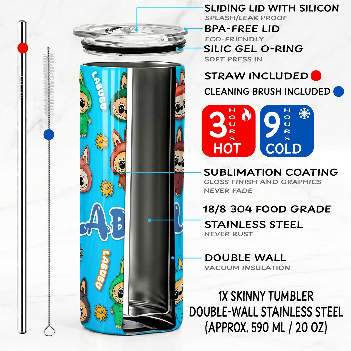 Labubu Monsters Blue Sunshine Skinny Tumbler - Custom Name (20oz) | Insulated Stainless Steel Travel Cup