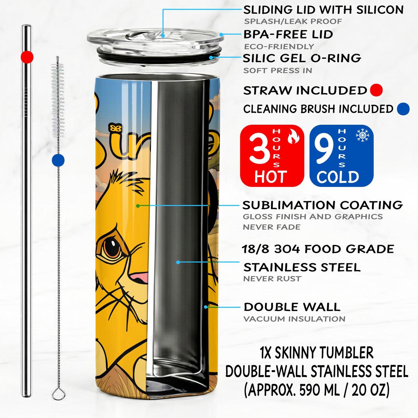 Simba The Lion King Savanna Skinny Tumbler - Custom Name (20oz) | Insulated Stainless Steel Travel Cup