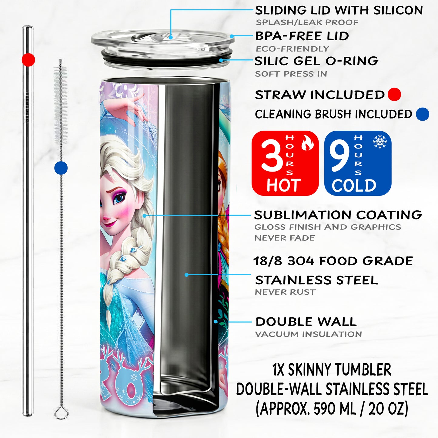 Anna & Elsa Frozen Sisters Skinny Tumbler - Custom Name (20oz) | Insulated Stainless Steel Travel Cup