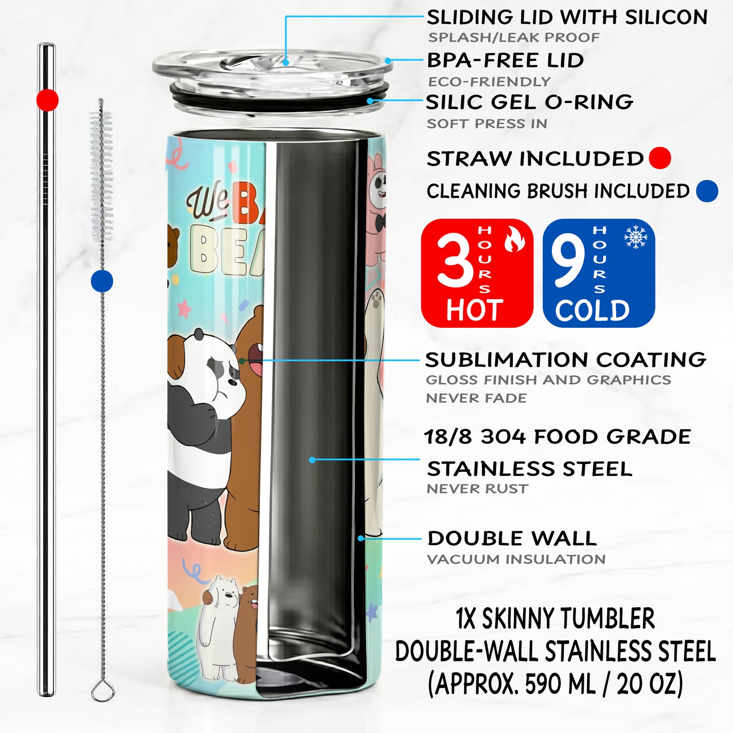We Bare Bears Pastel Collage Skinny Tumbler - Custom Name (20oz) | Insulated Stainless Steel Travel Cup