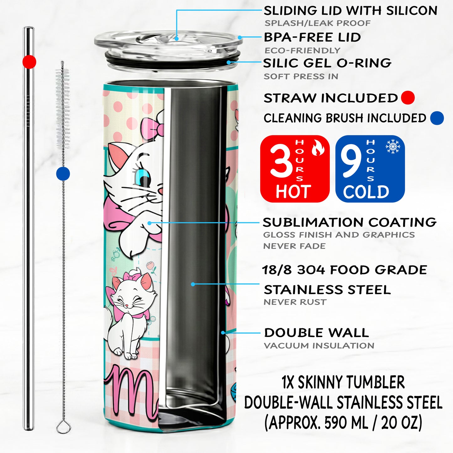 Marie Aristocats Pink Bow Skinny Tumbler - Custom Name (20oz) | Insulated Stainless Steel Travel Cup