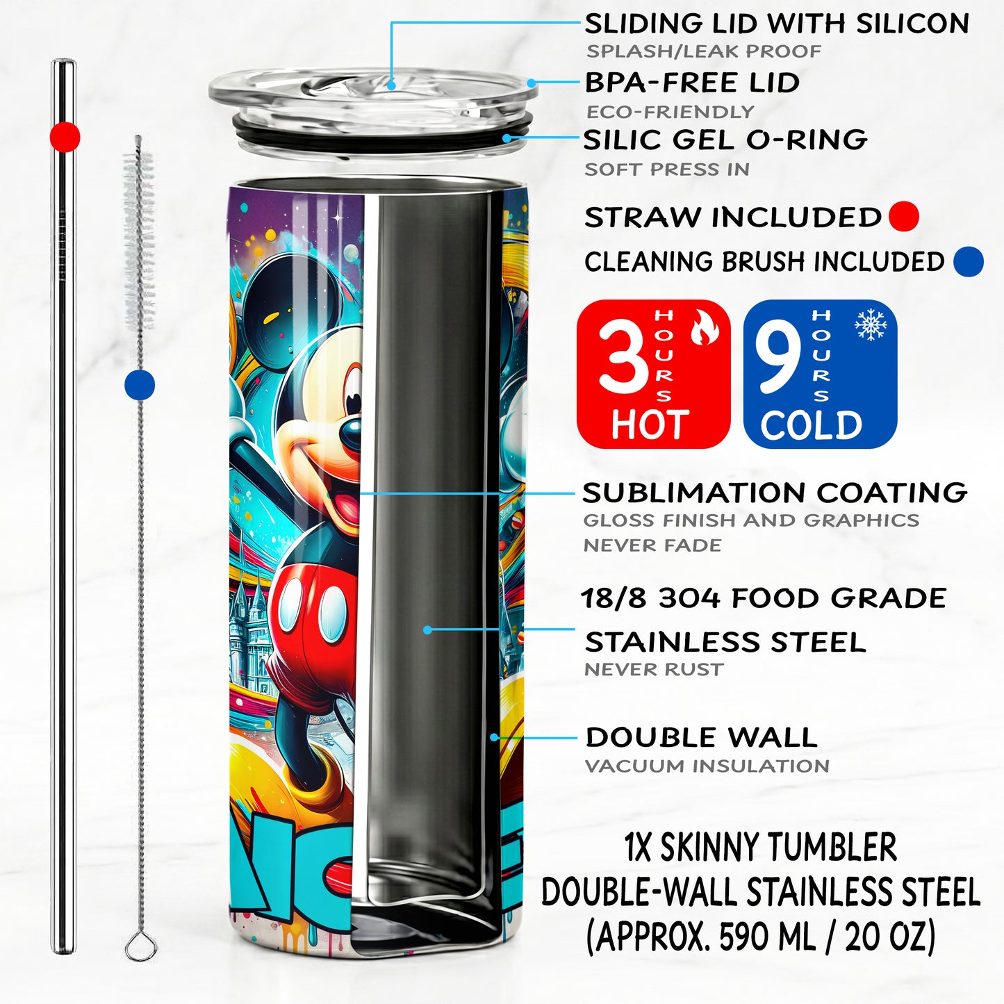 Mickey Mouse Colorful Magic Skinny Tumbler - Custom Name (20oz) | Insulated Stainless Steel Travel Cup
