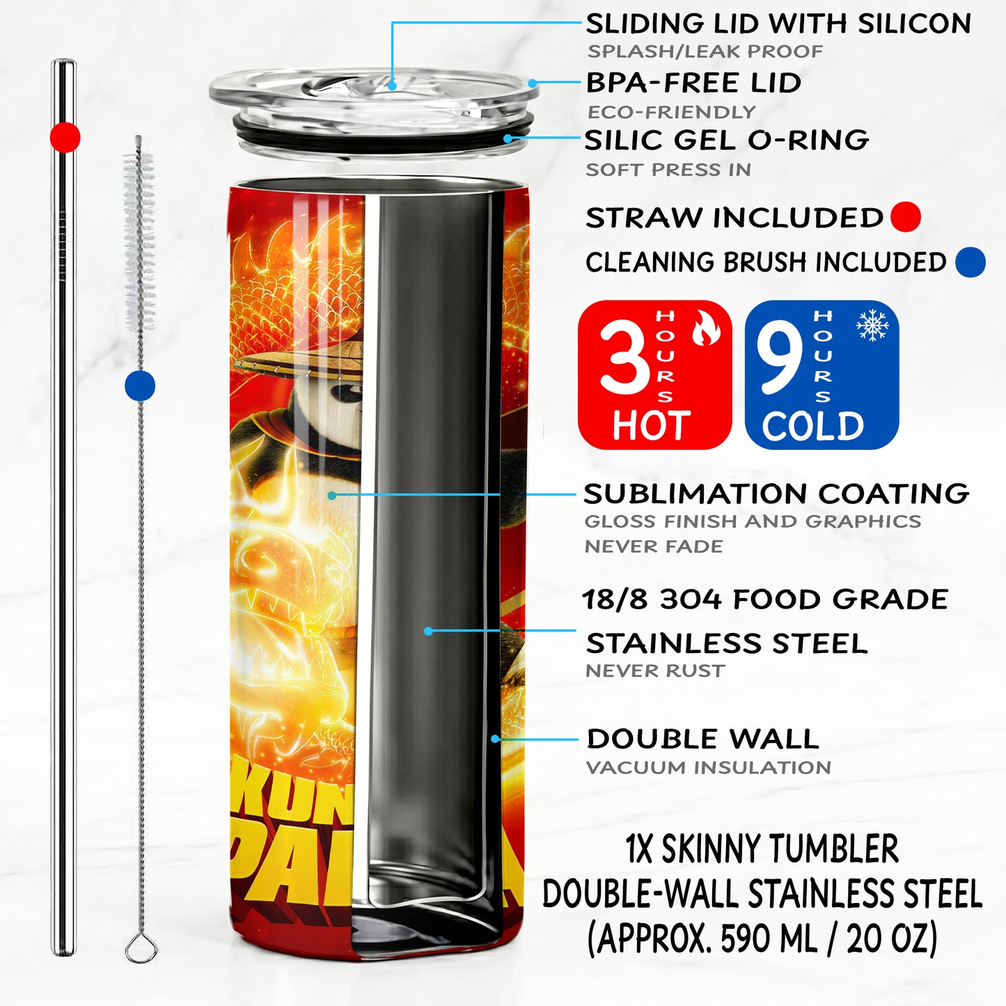 Kung Fu Panda Dragon Warrior Skinny Tumbler - Custom Name (20oz) | Insulated Stainless Steel Travel Cup