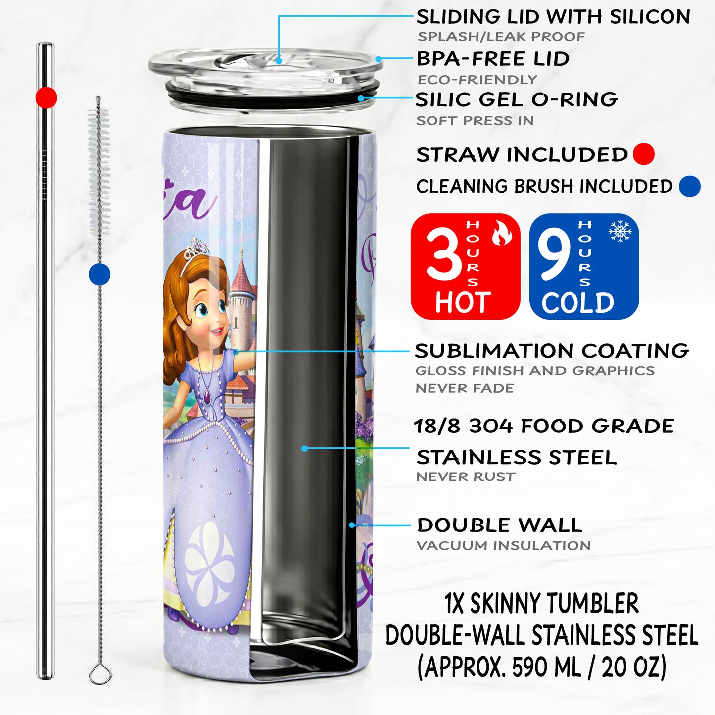 Sofia the First Castle Skinny Tumbler - Custom Name (20oz) | Insulated Stainless Steel Travel Cup
