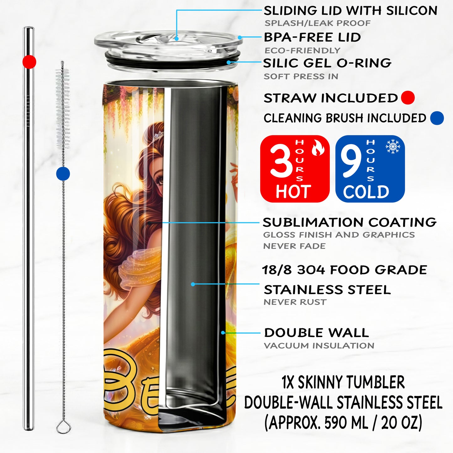 Princess Belle Floral Skinny Tumbler - Custom Name (20oz) | Insulated Stainless Steel Travel Cup