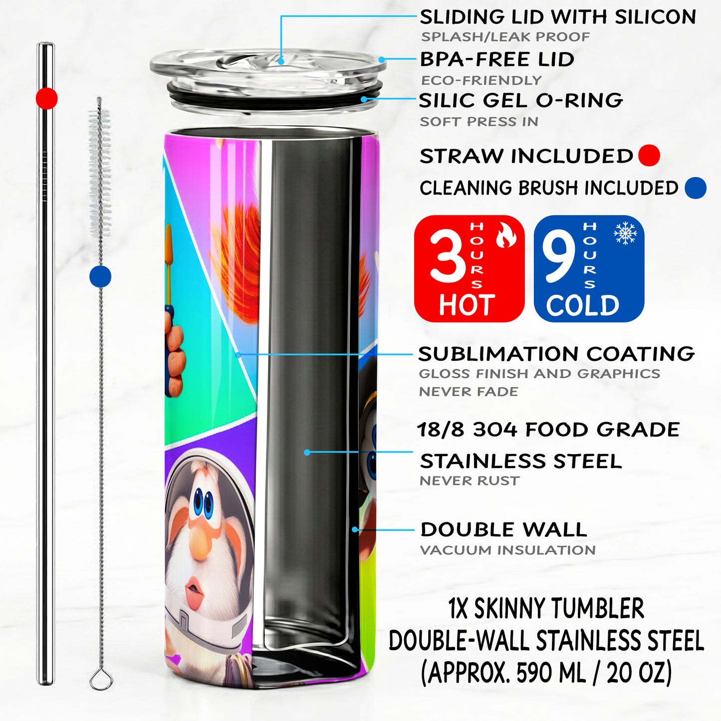Booba Character Costumes Skinny Tumbler - Custom Name (20oz) | Insulated Stainless Steel Travel Cup