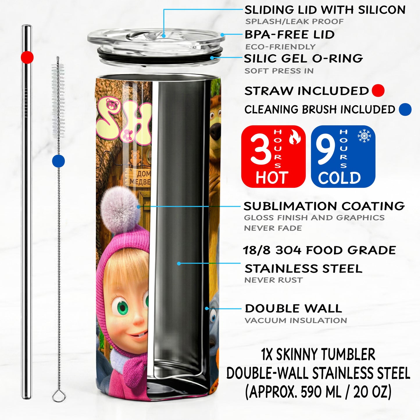 Masha and the Bear Forest Friends Skinny Tumbler - Custom Name (20oz) | Insulated Stainless Steel Travel Cup