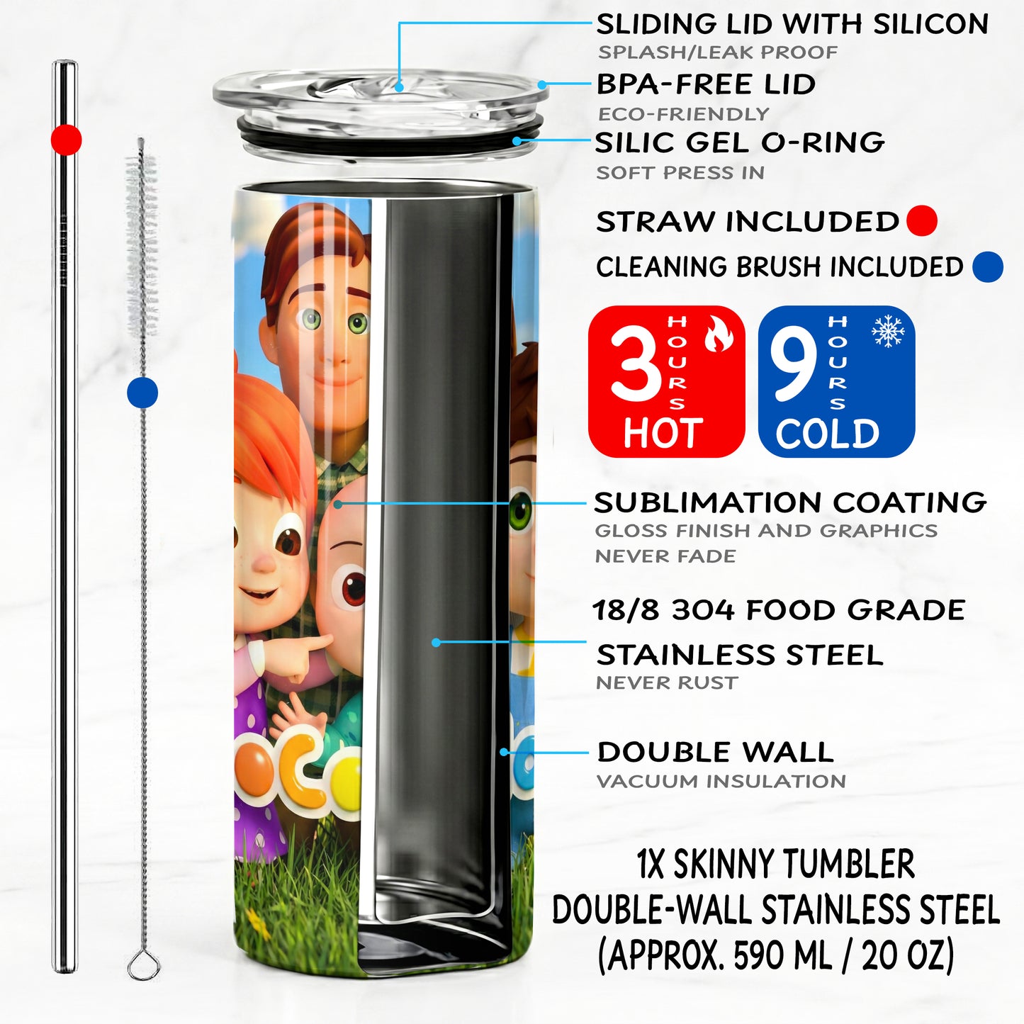 Cocomelon Family Fun Skinny Tumbler - Custom Name (20oz) | Insulated Stainless Steel Travel Cup