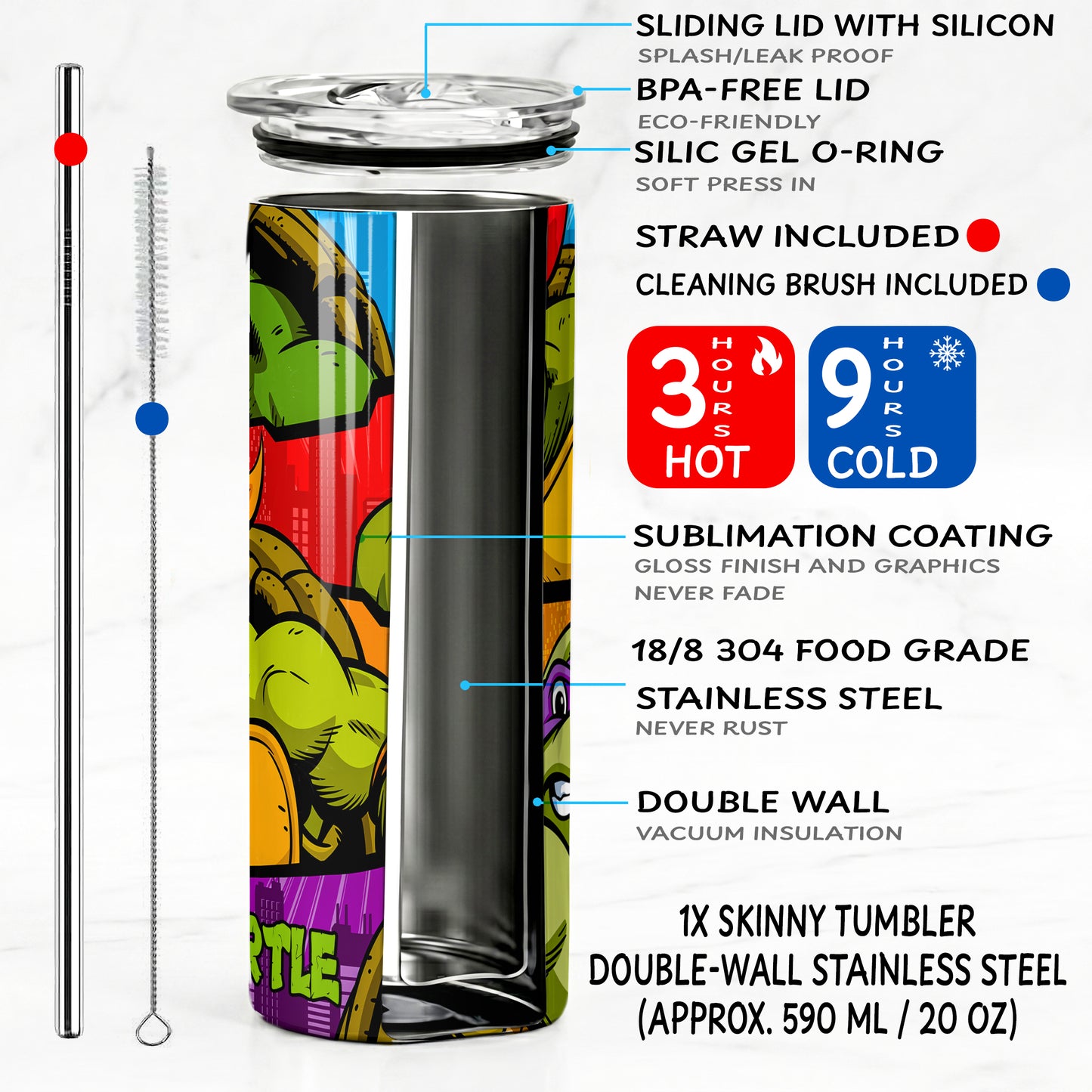 Teenage Mutant Ninja Turtles Comic Skinny Tumbler - Custom Name (20oz) | Insulated Stainless Steel Travel Cup