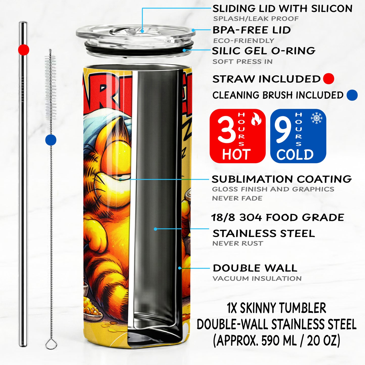 Garfield Sleepy Cat Skinny Tumbler - Custom Name (20oz) | Insulated Stainless Steel Travel Cup