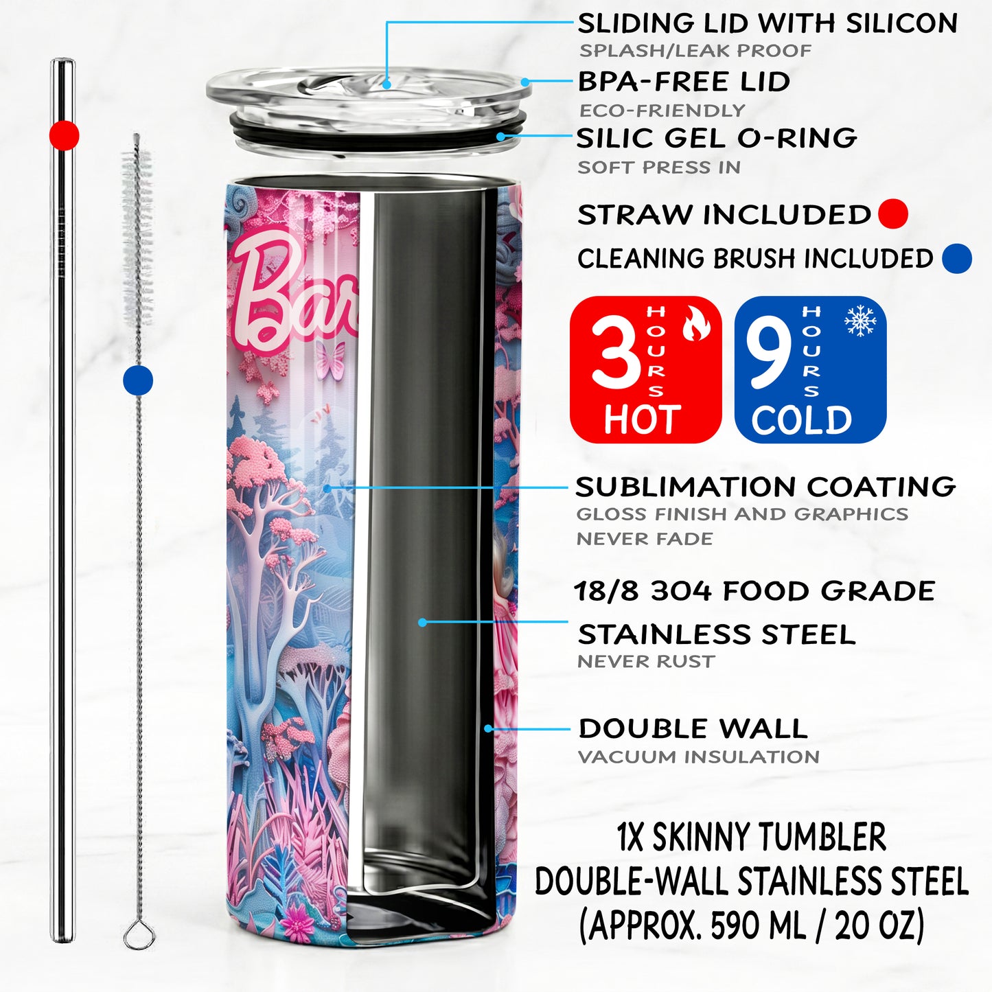 Barbie Butterfly Glow Skinny Tumbler - Custom Name (20oz) | Insulated Stainless Steel Travel Cup
