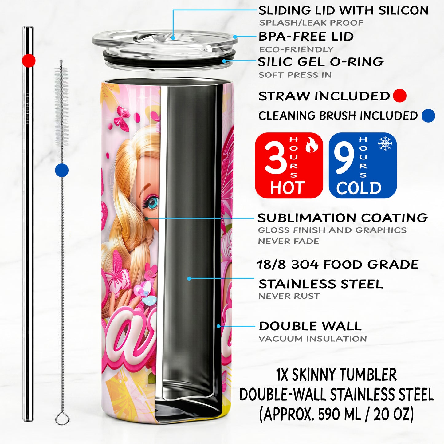 Barbie Butterfly Glow Skinny Tumbler - Custom Name (20oz) | Insulated Stainless Steel Travel Cup