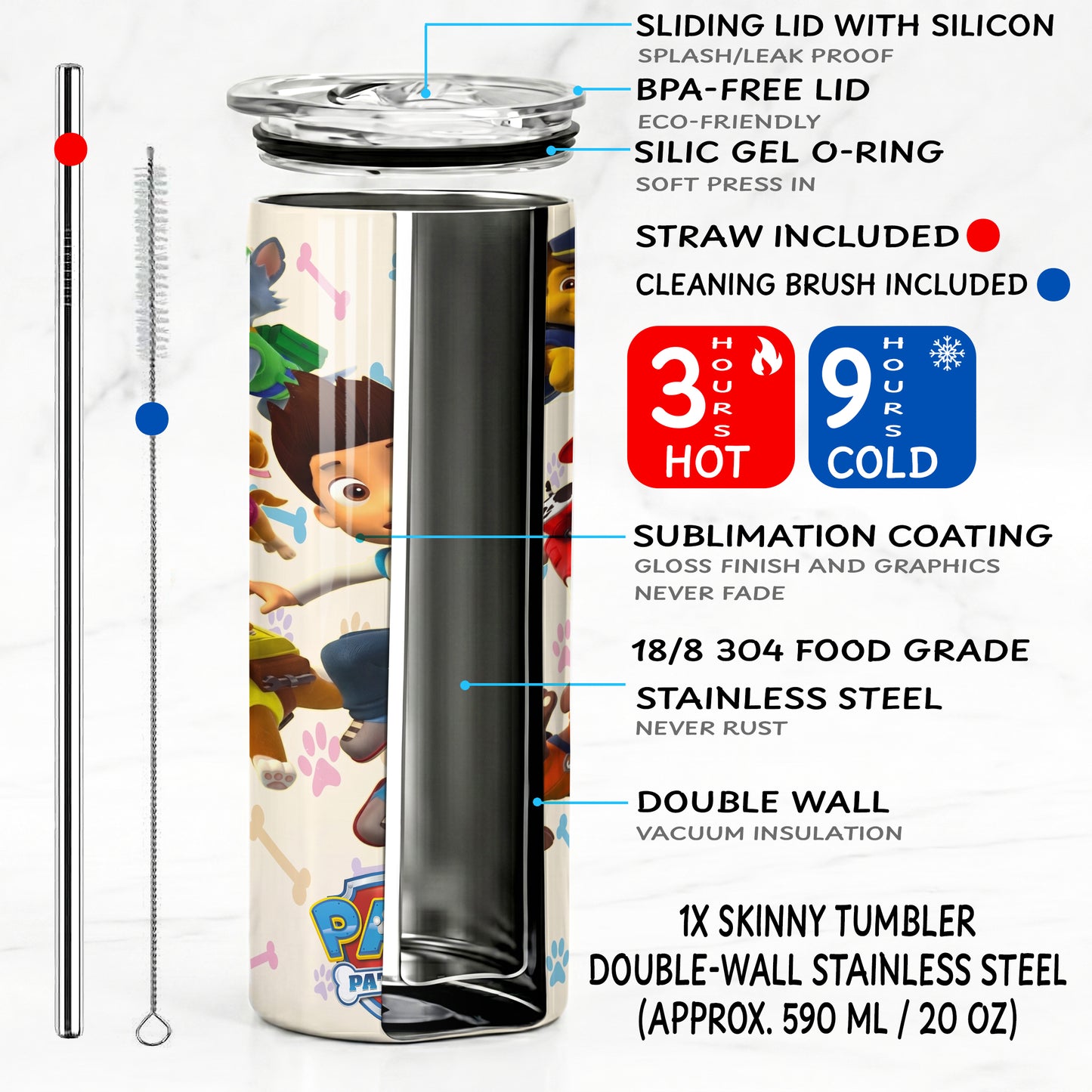 PAW Patrol Hero Pups Skinny Tumbler - Custom Name (20oz) | Insulated Stainless Steel Travel Cup