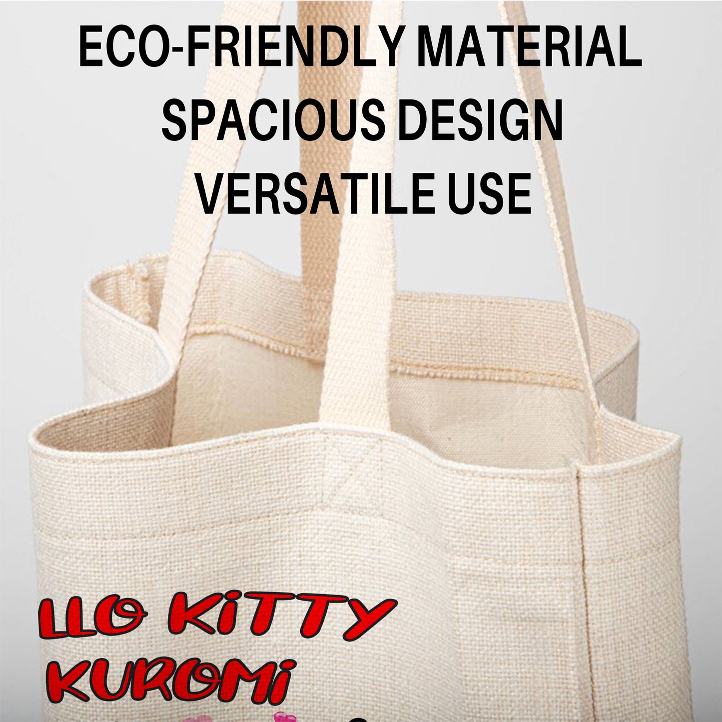 Hello Kitty & Kuromi Linen Tote Bag - Custom Name (35x45cm) | Eco-Friendly Lightweight Shopping & Everyday Carrier