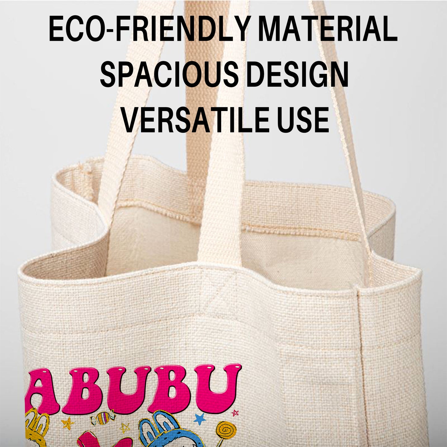 Labubu Pink Bows Linen Tote Bag - Custom Name (35x45cm) | Eco-Friendly Lightweight Shopping & Everyday Carrier