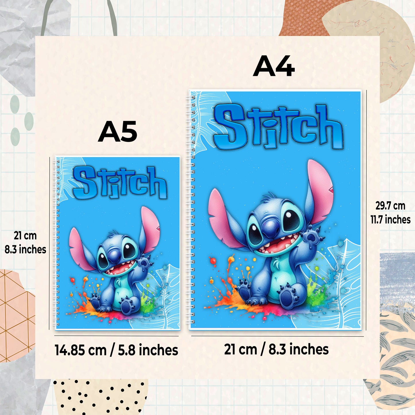 Stitch Splash Whimsy Spiral Notebook - Custom Name | A5 | 60 Pages (30 Sheets) | Cute & Colorful Design