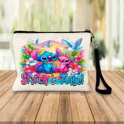 Stitch & Angel Tropical Linen Pouch – Custom Name | Zipper Closure & Detachable Wrist Strap