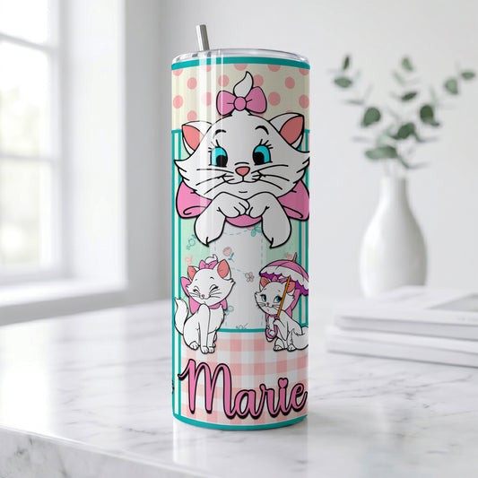 Marie Aristocats Pink Bow Skinny Tumbler - Custom Name (20oz) | Insulated Stainless Steel Travel Cup