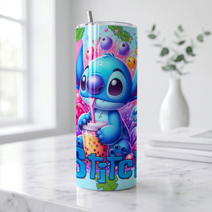 Stitch Boba Tea Splash Skinny Tumbler - Custom Name (20oz) | Insulated Stainless Steel Travel Cup