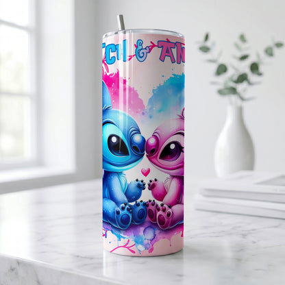 Stitch & Angel Watercolor Hearts Skinny Tumbler - Custom Name (20oz) | Insulated Stainless Steel Travel Cup