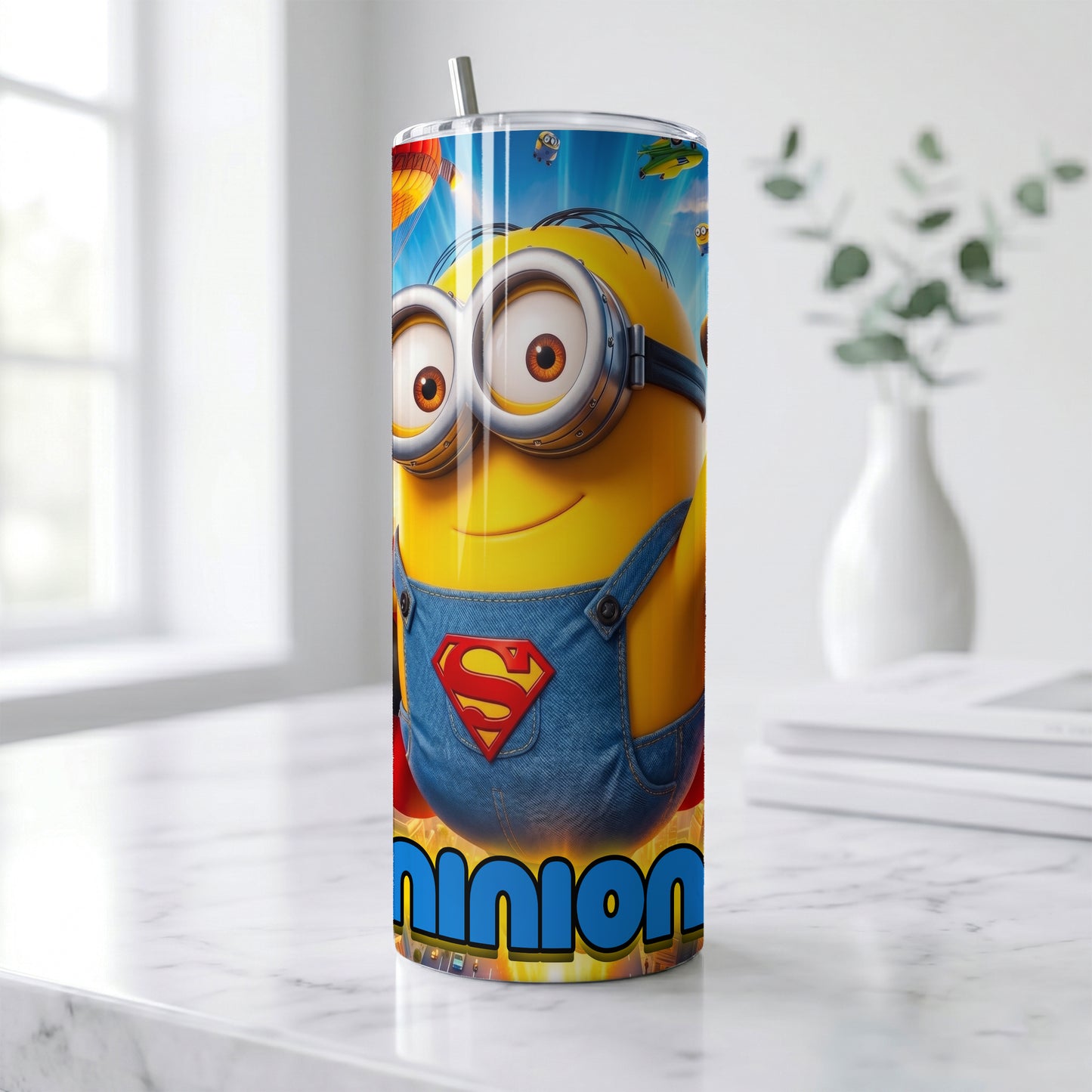 Minion Superhero City Skinny Tumbler - Custom Name (20oz) | Insulated Stainless Steel Travel Cup