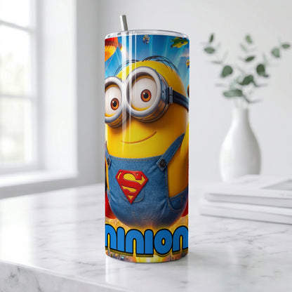 Minion Superhero City Skinny Tumbler - Custom Name (20oz) | Insulated Stainless Steel Travel Cup