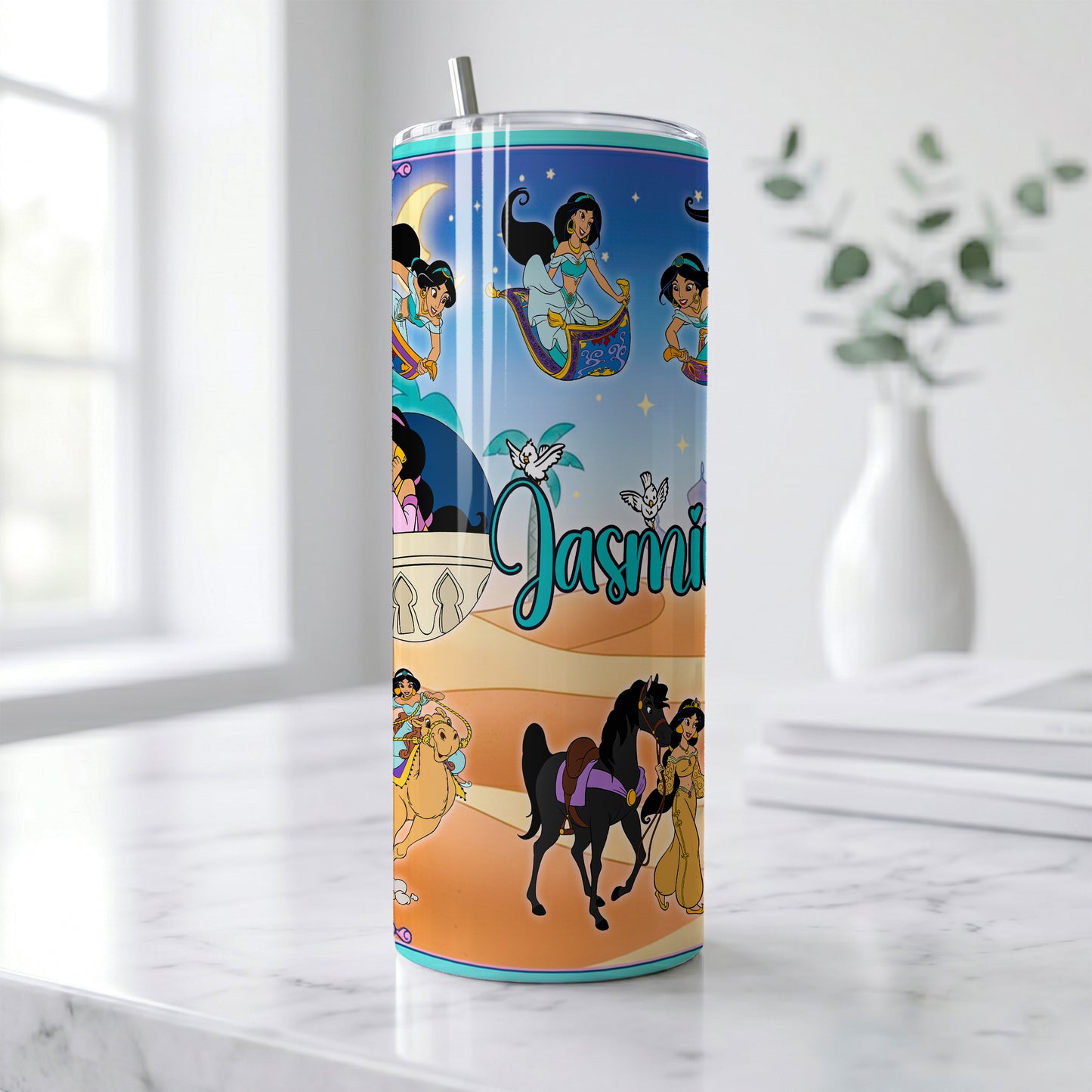 Princess Jasmine Magic Carpet Skinny Tumbler - Custom Name (20oz) | Insulated Stainless Steel Travel Cup