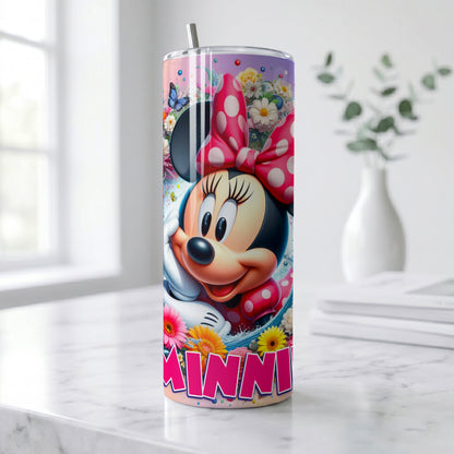 Minnie Mouse Floral Butterfly Skinny Tumbler - Custom Name (20oz) | Insulated Stainless Steel Travel Cup
