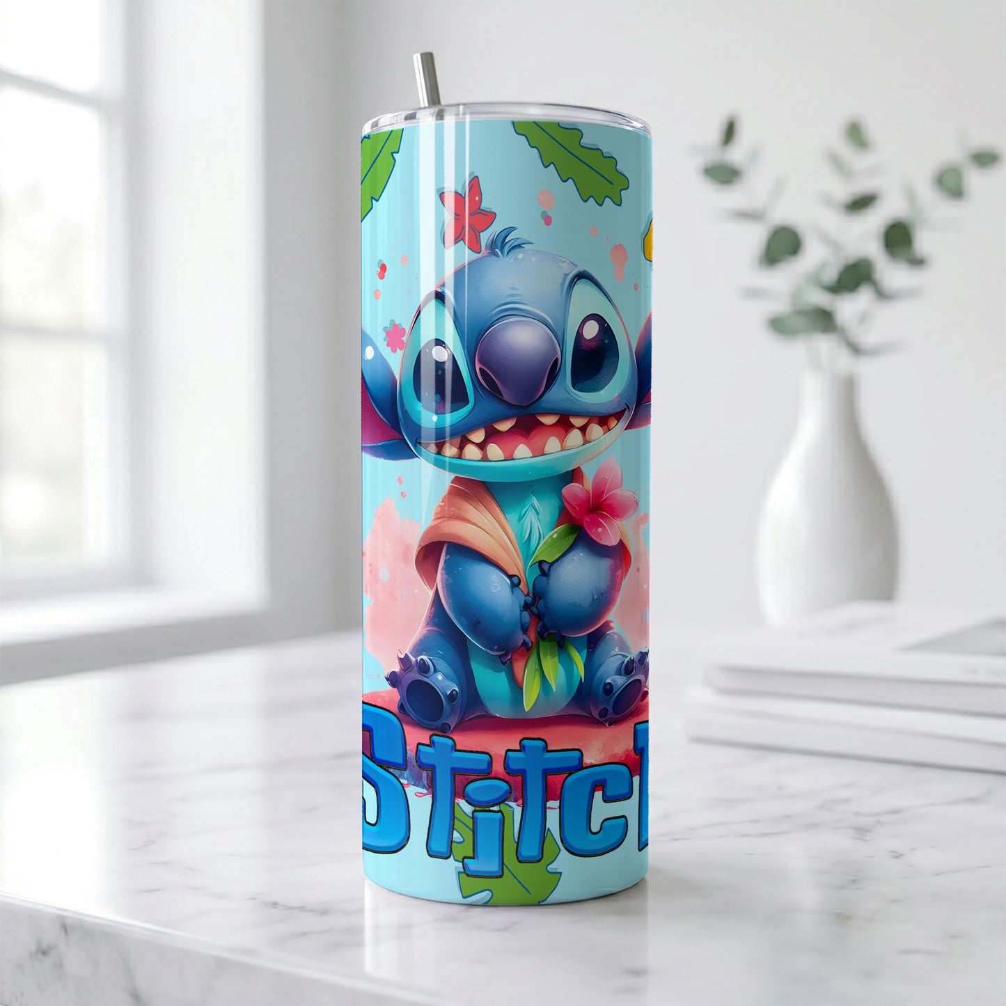Stitch Pink Flower Skinny Tumbler - Custom Name (20oz) | Insulated Stainless Steel Travel Cup