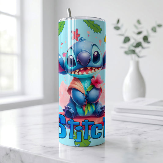 Stitch Pink Flower Skinny Tumbler - Custom Name (20oz) | Insulated Stainless Steel Travel Cup