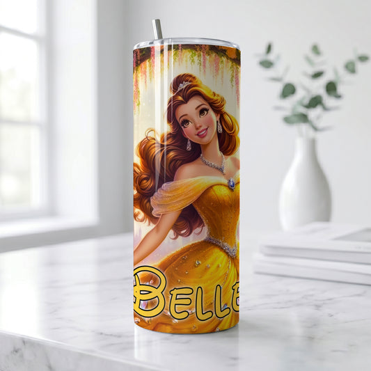 Princess Belle Floral Skinny Tumbler - Custom Name (20oz) | Insulated Stainless Steel Travel Cup