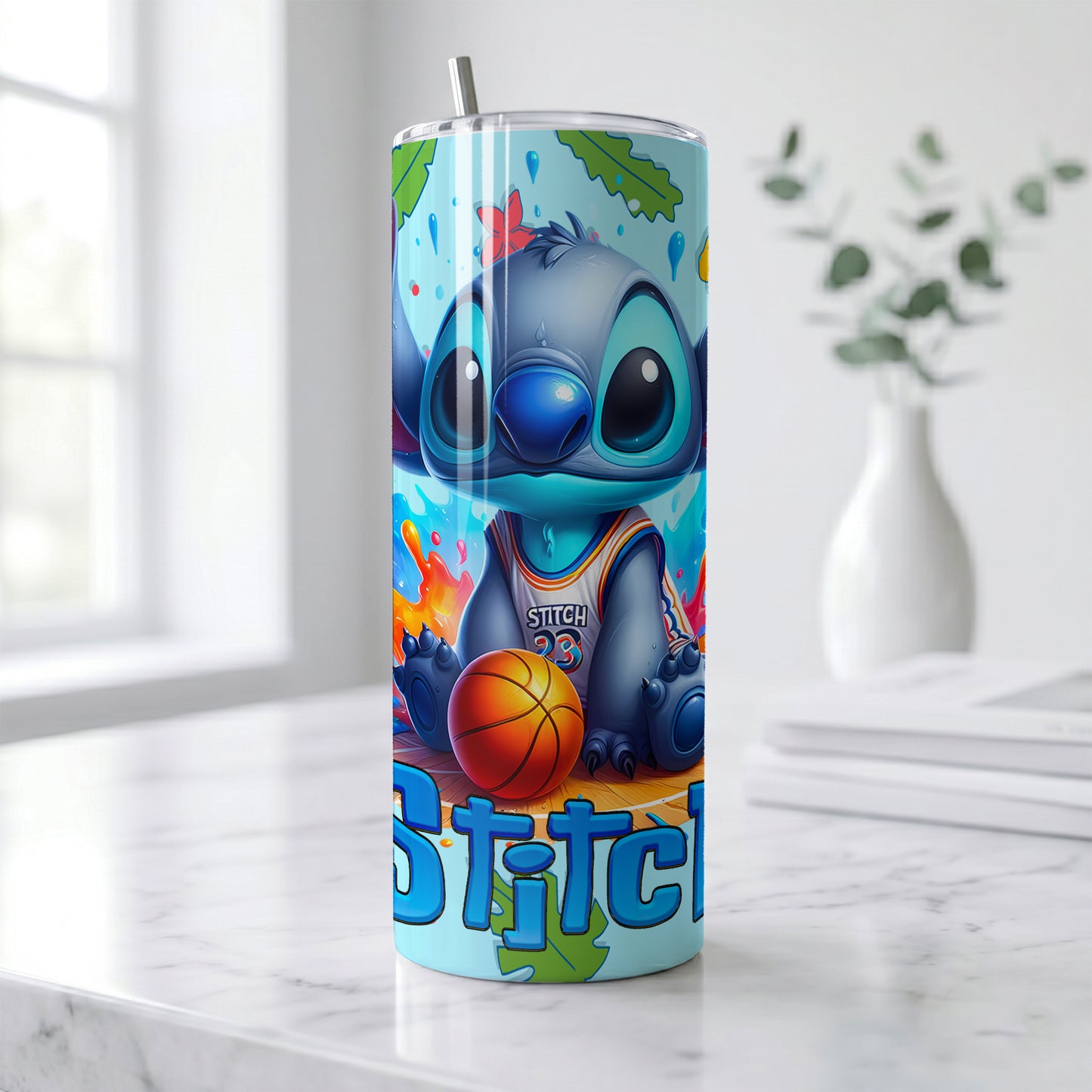 Stitch Basketball Splash Skinny Tumbler - Custom Name (20oz) | Insulated Stainless Steel Travel Cup