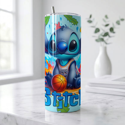 Stitch Basketball Splash Skinny Tumbler - Custom Name (20oz) | Insulated Stainless Steel Travel Cup