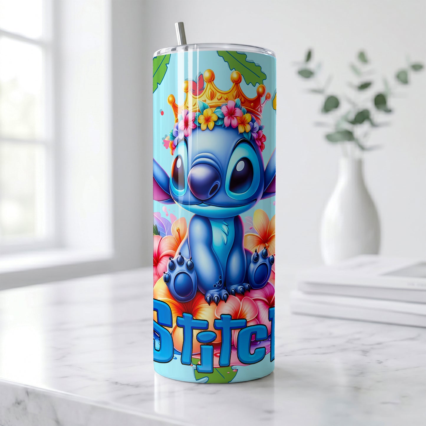 Stitch Tropical Flower Crown Skinny Tumbler - Custom Name (20oz) | Insulated Stainless Steel Travel Cup