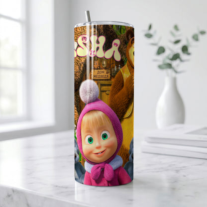 Masha and the Bear Forest Friends Skinny Tumbler - Custom Name (20oz) | Insulated Stainless Steel Travel Cup