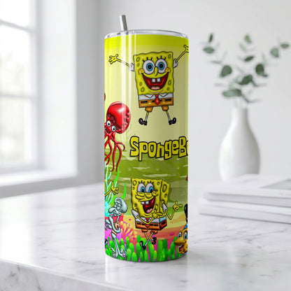 SpongeBob Bikini Bottom Friends Skinny Tumbler - Custom Name (20oz) | Insulated Stainless Steel Travel Cup