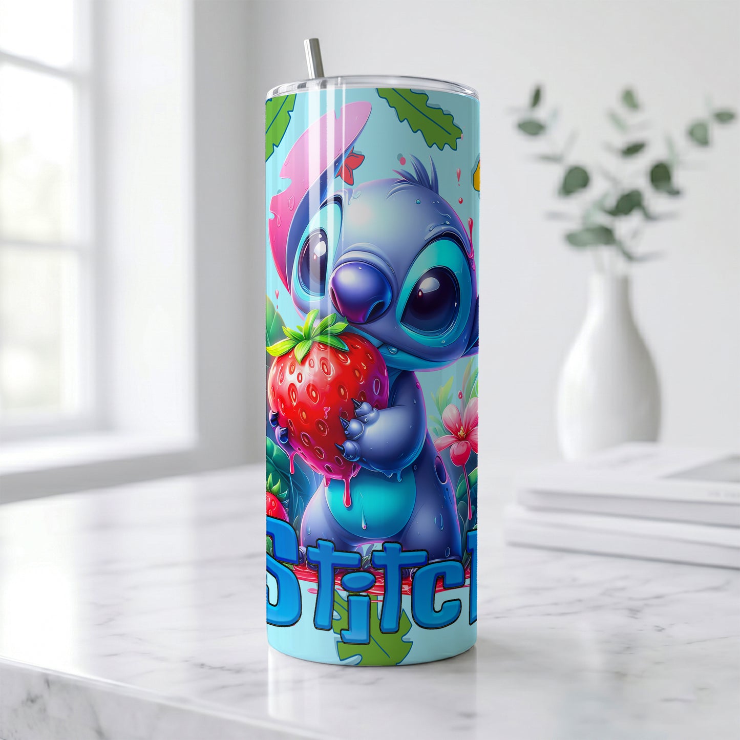Stitch Giant Strawberry Skinny Tumbler - Custom Name (20oz) | Insulated Stainless Steel Travel Cup