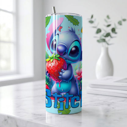 Stitch Giant Strawberry Skinny Tumbler - Custom Name (20oz) | Insulated Stainless Steel Travel Cup