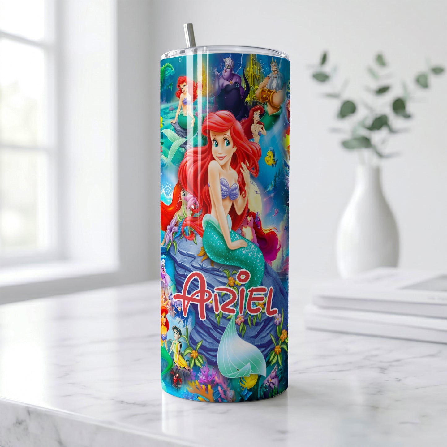 Ariel The Little Mermaid Collage Skinny Tumbler - Custom Name (20oz) | Insulated Stainless Steel Travel Cup