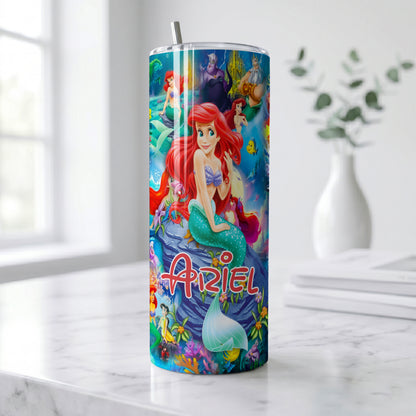 Ariel The Little Mermaid Collage Skinny Tumbler - Custom Name (20oz) | Insulated Stainless Steel Travel Cup