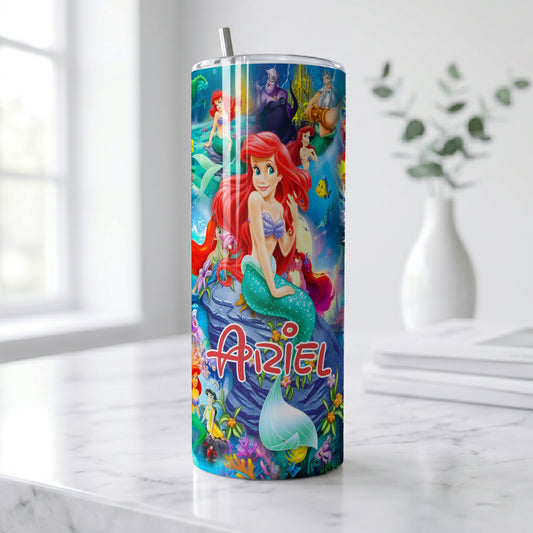 Ariel The Little Mermaid Collage Skinny Tumbler - Custom Name (20oz) | Insulated Stainless Steel Travel Cup