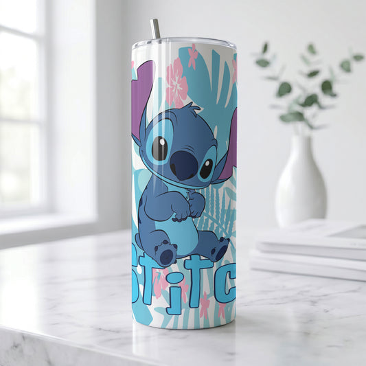 Stitch Tropical Leaves Skinny Tumbler - Custom Name (20oz) | Insulated Stainless Steel Travel Cup