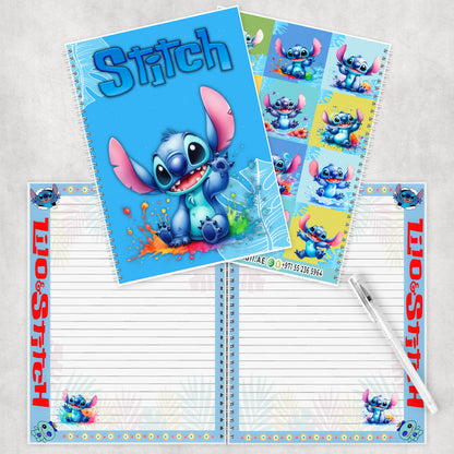 Stitch Splash Whimsy Spiral Notebook  - Custom Name | A5 | 60 Pages (30 Sheets) | Cute & Colorful Design