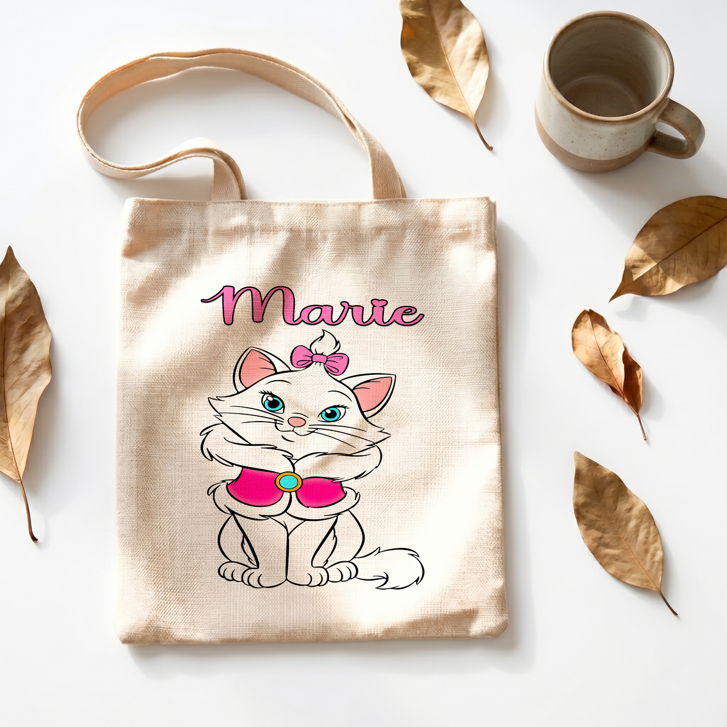 Marie Cat Linen Tote Bag - Custom Name (35x45cm) | Eco-Friendly Lightweight Shopping & Everyday Carrier