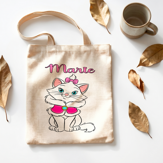 Marie Cat Linen Tote Bag - Custom Name (35x45cm) | Eco-Friendly Lightweight Shopping & Everyday Carrier